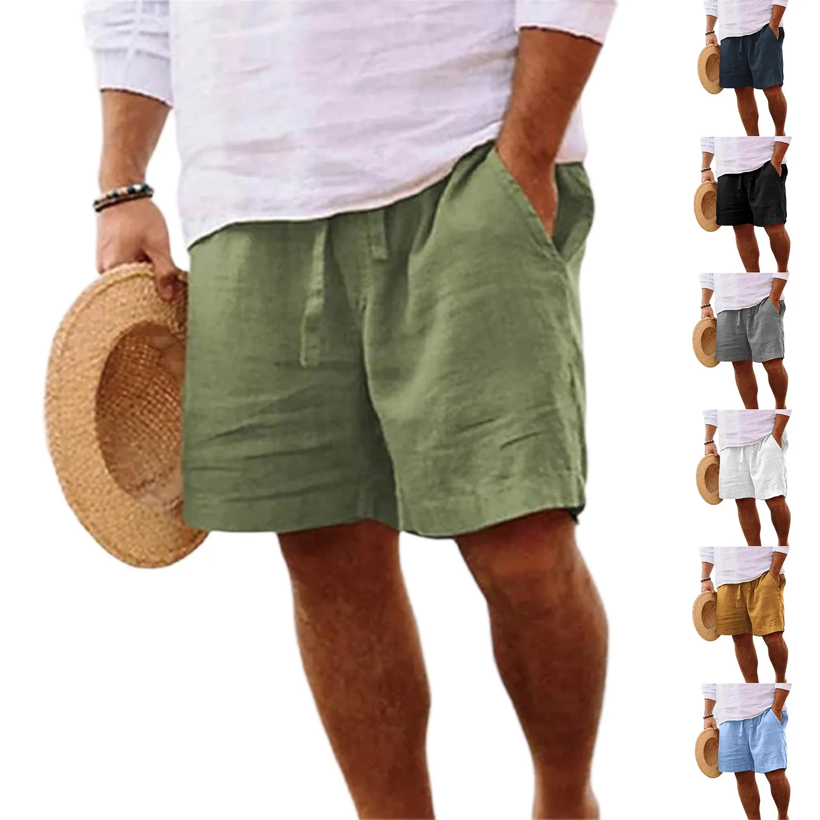 Summer Mens Linen Solid Color Short Lightweight Gym Pants Cotton Beach Shorts Men Fitness Sport Large Breathable Homme Short
