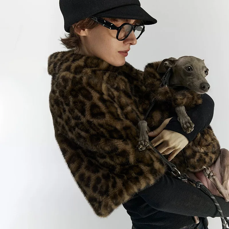 

Women Fashion Leopard Print Furry Cropped Coat Tops Turn Down Collar Half Sleeve Zip-up Warm Casual Jackets Streetwear Outerwear