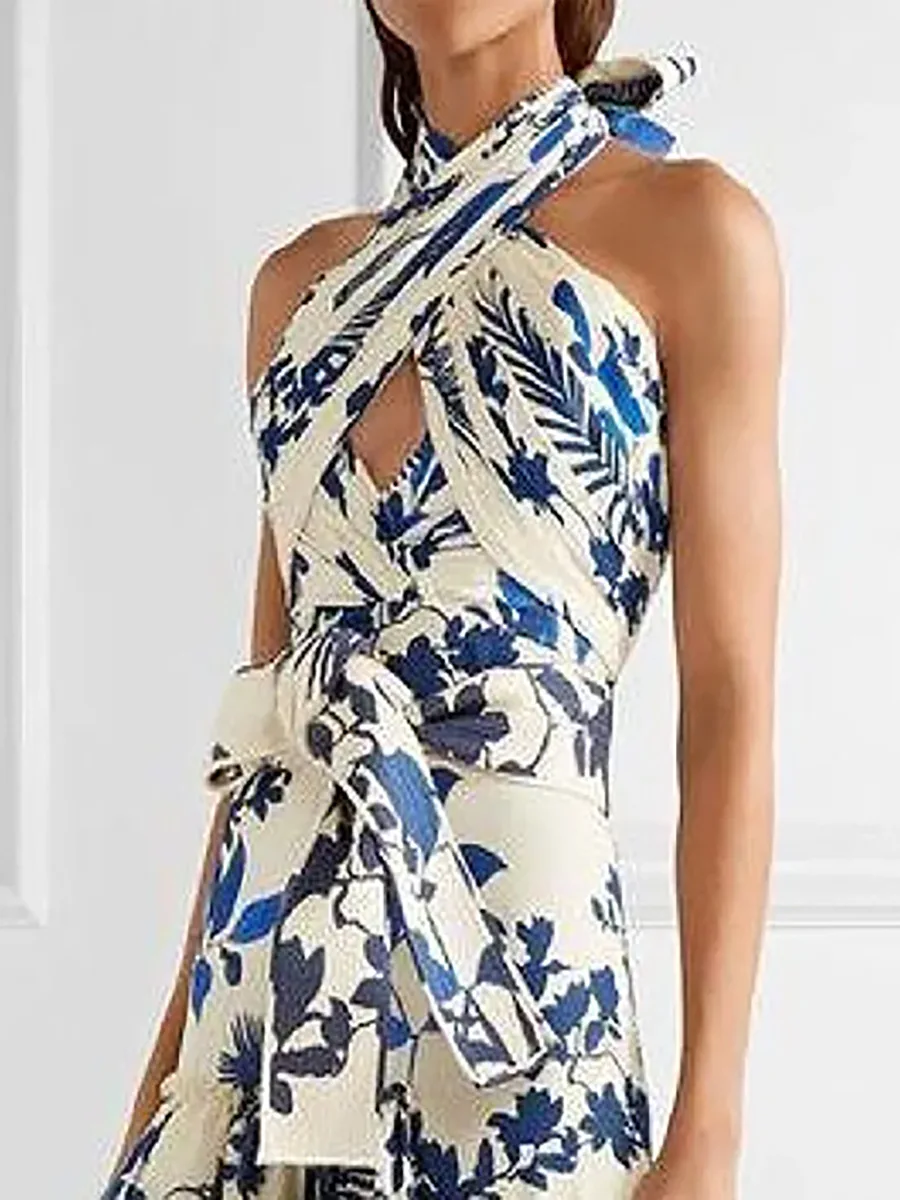 

New Print Tierred Long Dresses For Women Halter Sleeveless High Waist Off Shoulder Hollow Out Long Casual Dress Female Fashion