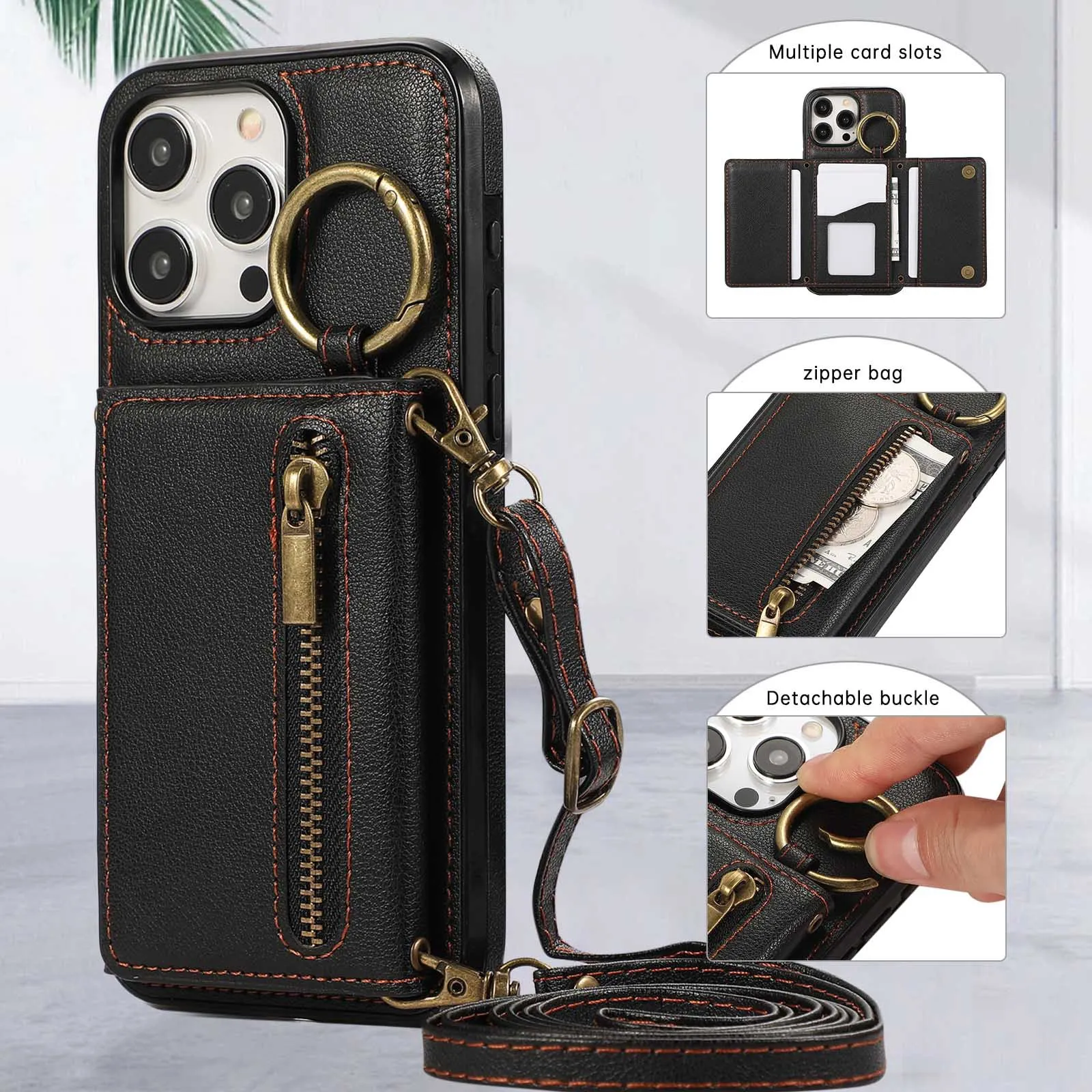 

Leather Phone Case for IPhone 16 Pro Max 16e 15 Plus 14 13 Mini 12 11 Xs Xr 7 8 Se 2 3 Zipper Crossbody Card Wallet Soft Shell