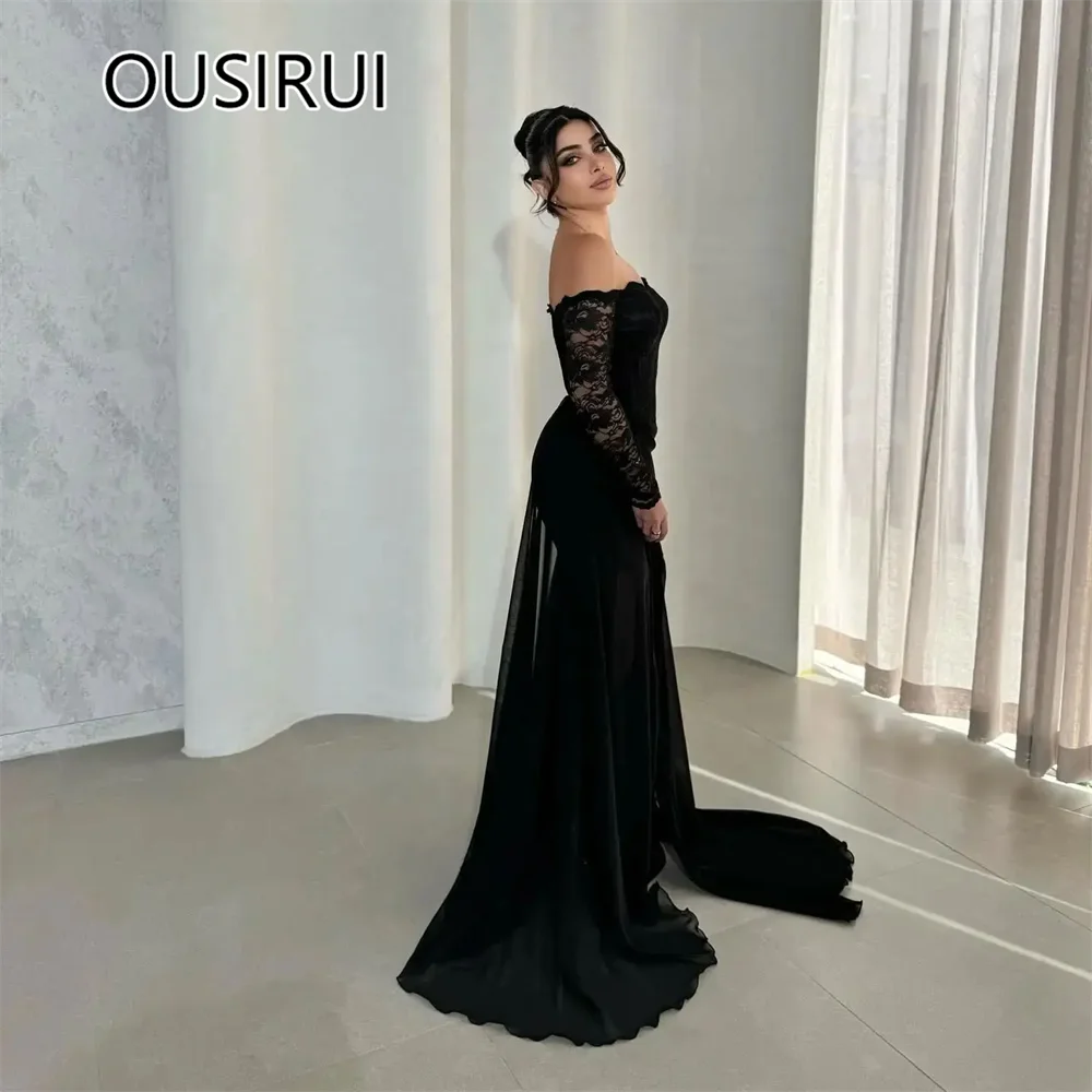 Luxury Off-Shoulder Saitn Bridesmaid Evening Party Dress Sheath Sexy Lace Side Split Court Backless Prom Gown with Long Sleeve