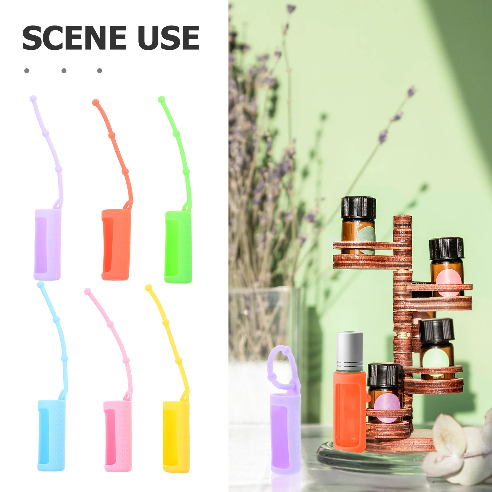 6 قطع من غطاء الزجاجة الدوارة من السيليكون، حافظة واقية من الزيوت العطرية، حزام قابل للتعديل، سهل الحمل