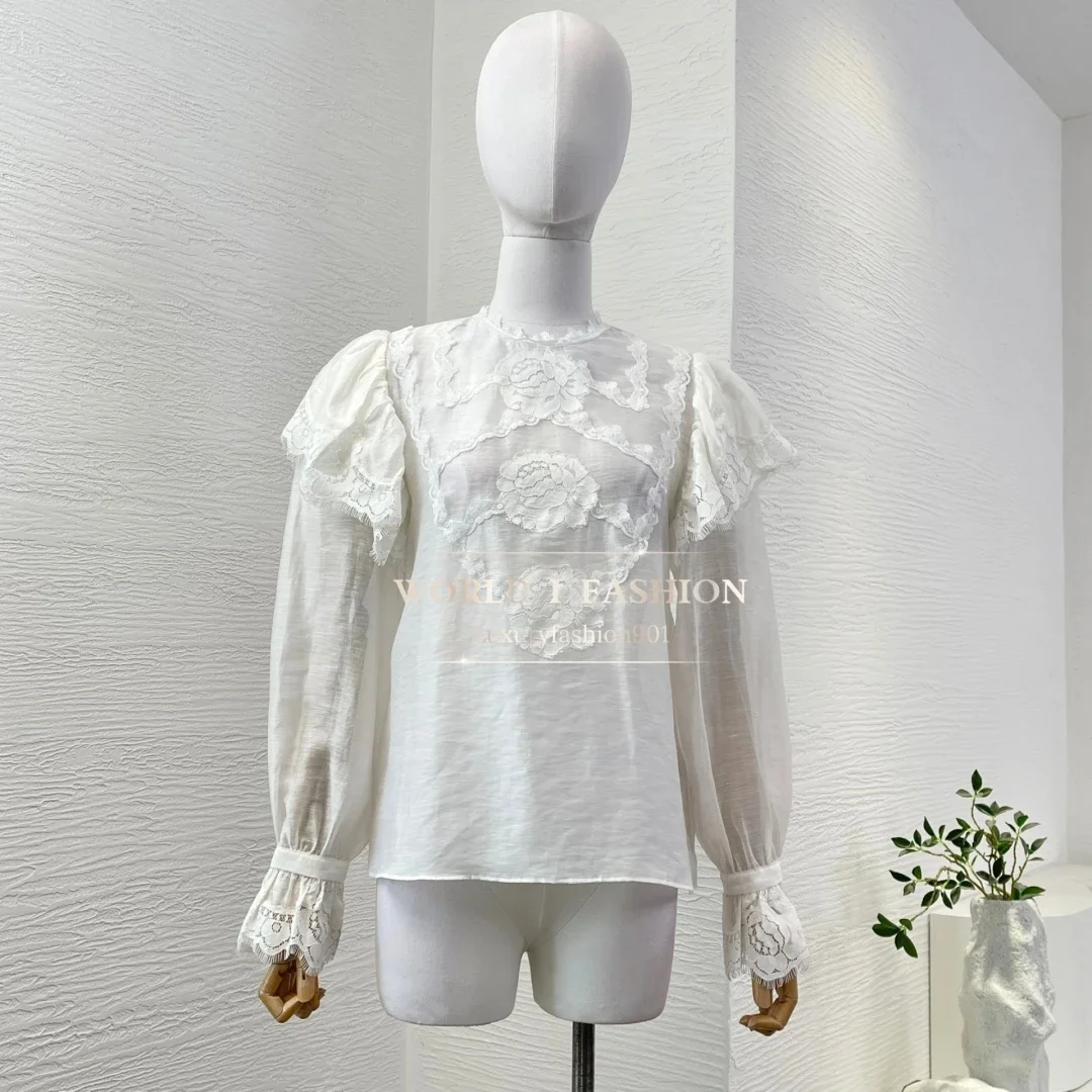 

White Black Long Sleeve Lace Patchwork Blouse Tops 2025 New