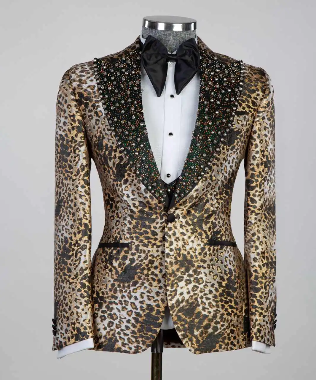 Stylish Men 2‑Piece Vest Jacket Set Leopard Print Beaded Peak Lapel Coat Waistcoat For Prom Cocktail Gathering Customized