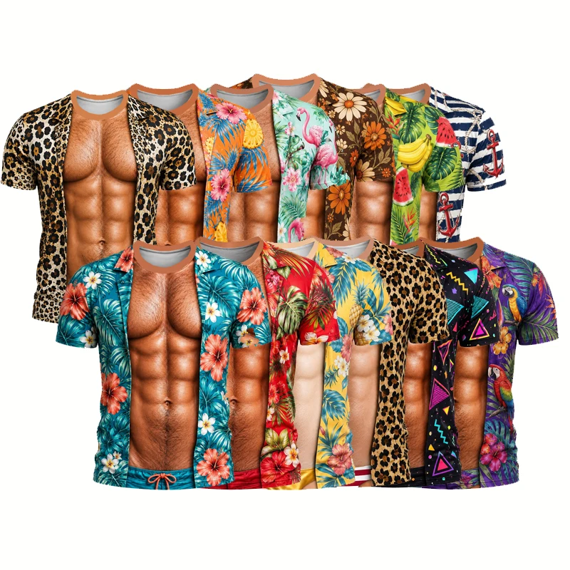 Funny Abs and Chest Hair T-shirt 3D Short Sleeved T-shirt, Summer Beach Vacation Novelty Party Family Parent-child Outfit