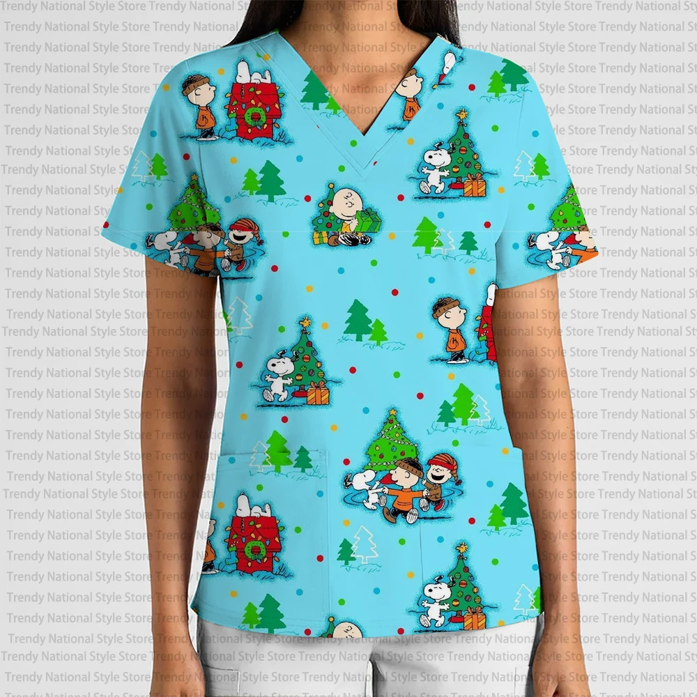 New Women's Elegant Casual Nurse T-Shirt with Cartoon Anime V-Neck Print Scrub Top, suitable for pet shops and grooming salons.