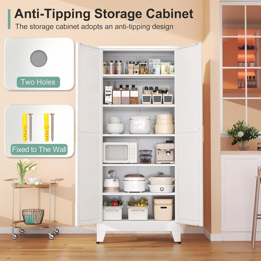 خزانة مطبخ معدنية ببابين مع 5 أرفف قابلة للتعديل ومقابض ذهبية للتخزين متعدد الاستخدامات #6