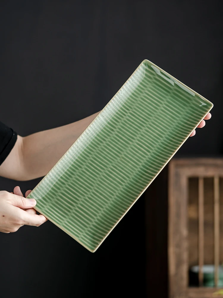 Green Glaze Bamboo Pattern Ceramic Tea Tray Rectangular Simple Home Use Dry Puffing Dish Japanese Style Tea Set Serving Plate