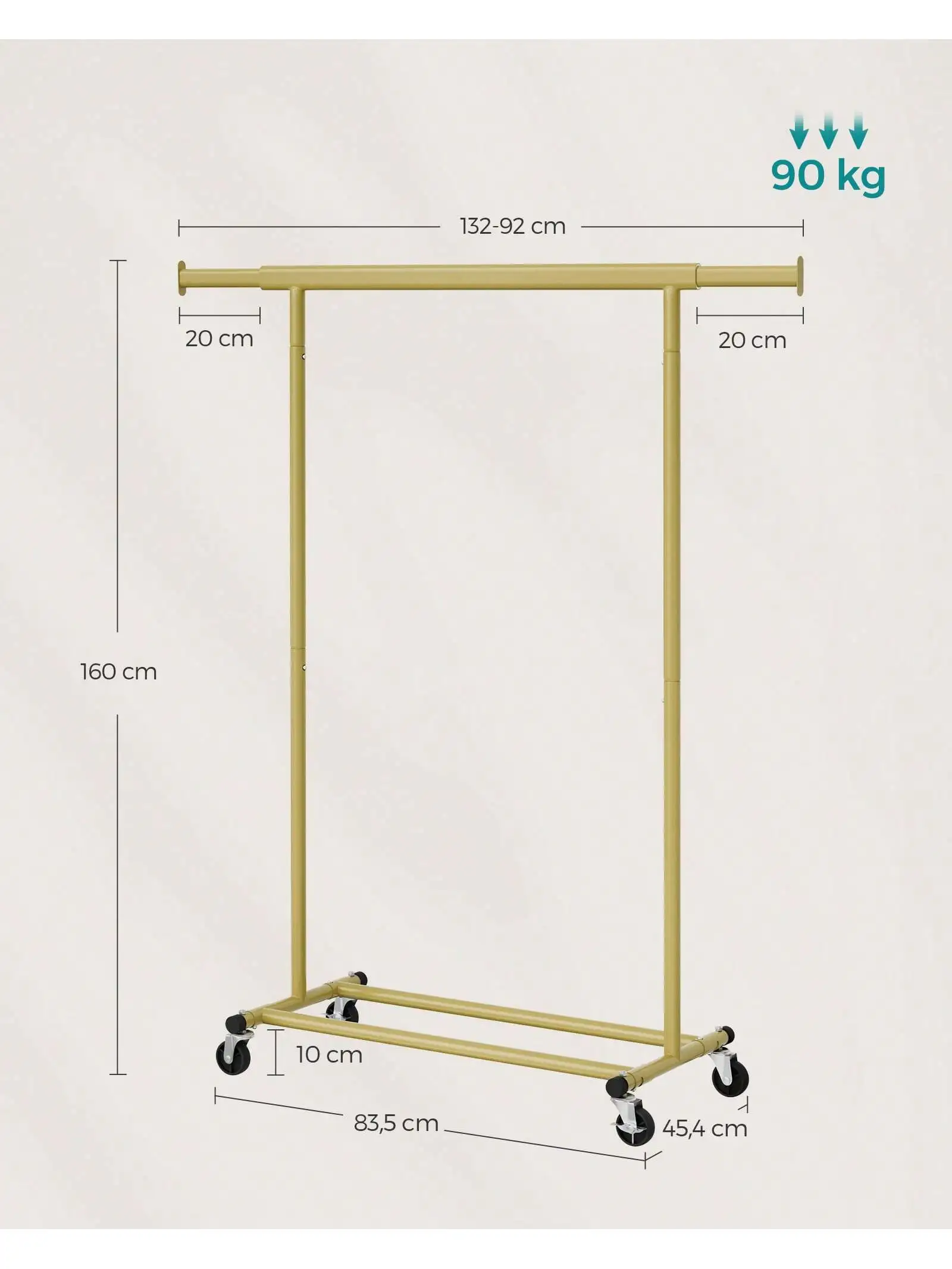 SONGMICS appendiabiti per impieghi gravosi su ruote, binario estensibile, carico di 90 kg, facile montaggio, portatile, oro pallido