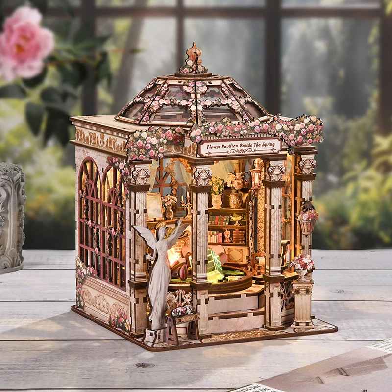 DIY 3D Wooden Flower Pavilion Beside The Spring Cottage Jigsaw Puzzles Miniature Model Kits Mini Casa for Friends Birthday Gifts