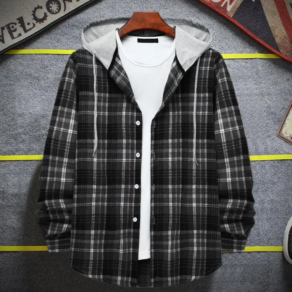 Men Spring Autumn Shirt Retro Plaid Print Drawstring Hooded Simple Style Men Shirt Keep Warm Single-breasted Buttons Men Shirts