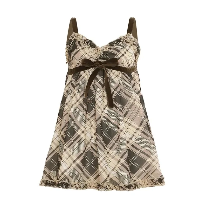 

Sweet Plaid Bow Cute Simple Camisole Dresses Tops Fashion Retro Women Home Clothing
