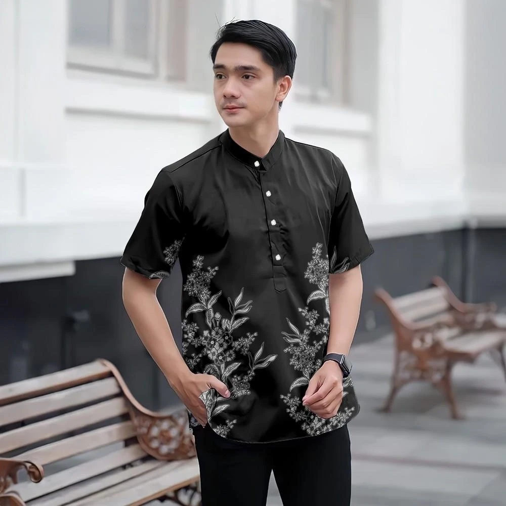 Camicia batik Slim Fit Modello stampato in 3D Colletto alla coreana Camicia formale da uomo a maniche corte Camicia superiore adatta per la festa del Ramadan Tema Raya