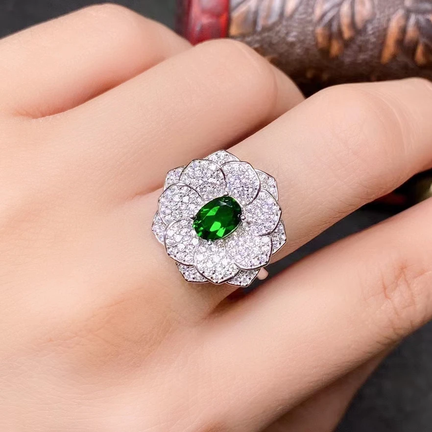 

925 Silver Rose Shape Ring 5mm*7mm VVS Grade Natural Diopside Ring Keep Shining 3 Layers 18K Gold Plated Chrome Diopside Jewelry