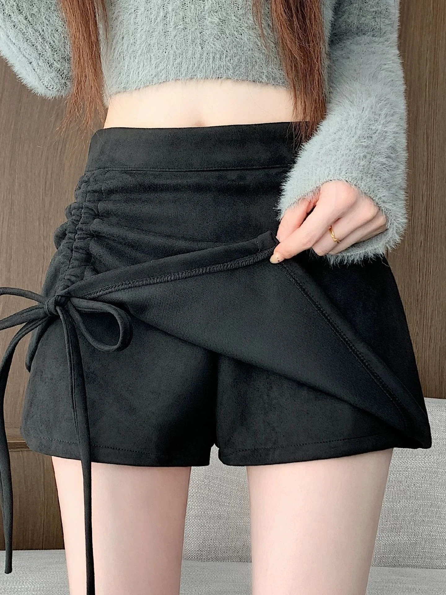 High Waist Short Skirt Women's Vintage Suede Tight Fit Butt Covering Asymmetrical Design Faux Two-Piece Style Commute Wear