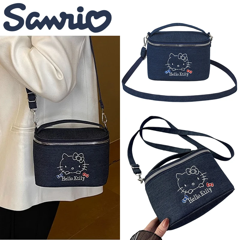 

Sanrio Hello Kitty Cartoon Denim Crossbody Bag Anime Large Capacity Fashion Women Shoulder Bag Portable Travel Messenger Bag