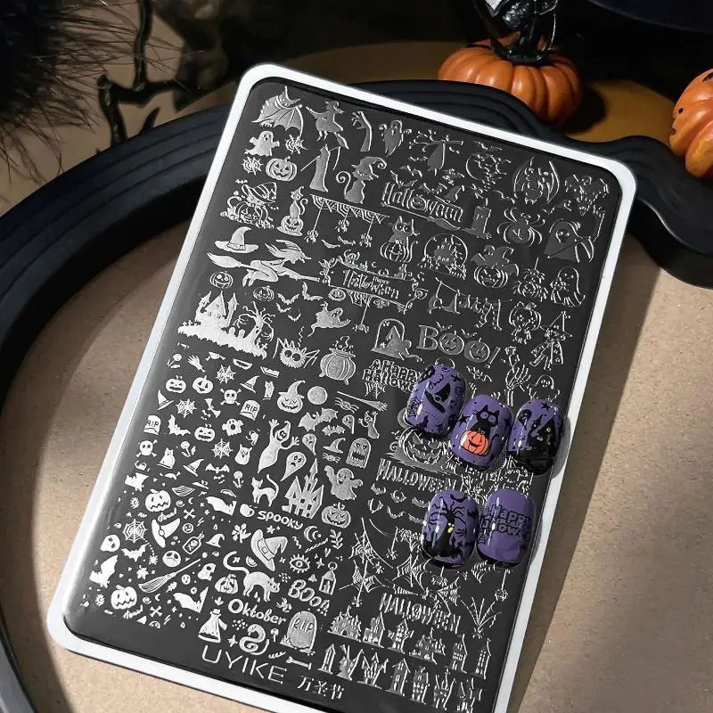 Halloween Nail Art Stencil Plates Multiple Pattern Pumpkin Skull Black Cat Designs 1Pcs for Professional Nail Salon Use