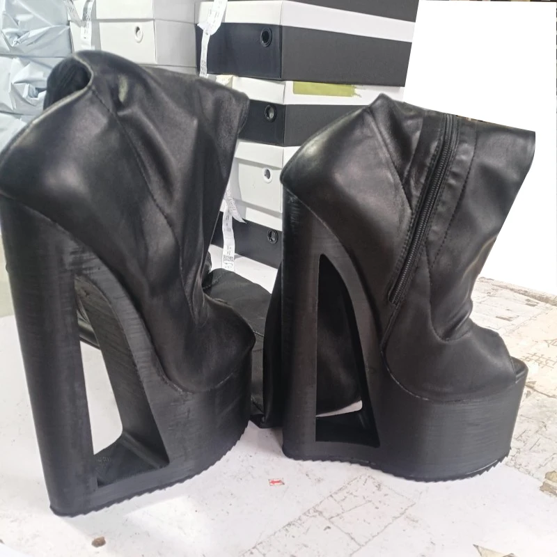 DIZHUANG Sexy women's high heels boots. Strange style  Black knee high boots About24 cm heel height Peep toe Customized shoes