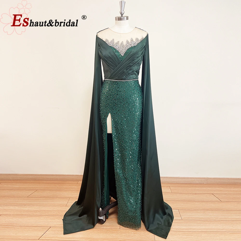 Elegant Emerald Green Bead Evening Dress with Cape Sleeves 2023 O Neck Mermaid Sequin Long Formal Prom Party Gown with Side Slit