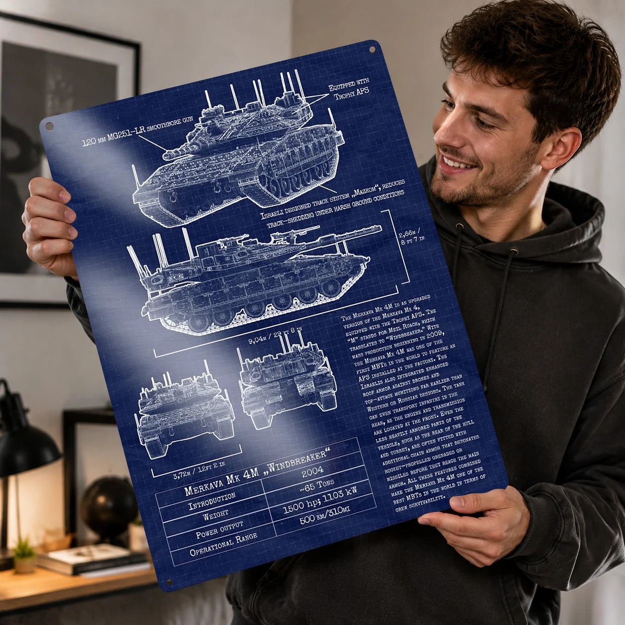Merkava Mk 4M Windbreaker Blueprint 3D Texture Metal Poster Customized Wall Art Tin Sign Gift for Mancave Gamer Decoration House