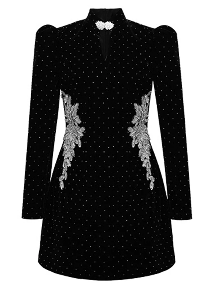 Women Clothes Chinese Style Black Stand Neck Slim Short Dress Elegant Luxury Lady Fashion Party Prom Vestido Formal Occasion New