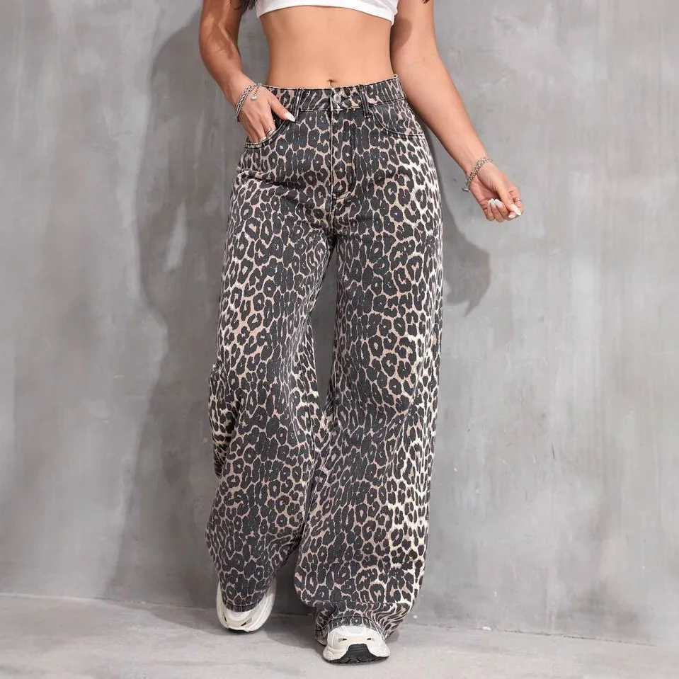 New Washed Leopard Print Casual Pants Women High Street Loose Wide Leg Draping High Waist Summer Long Trousers for Ladies
