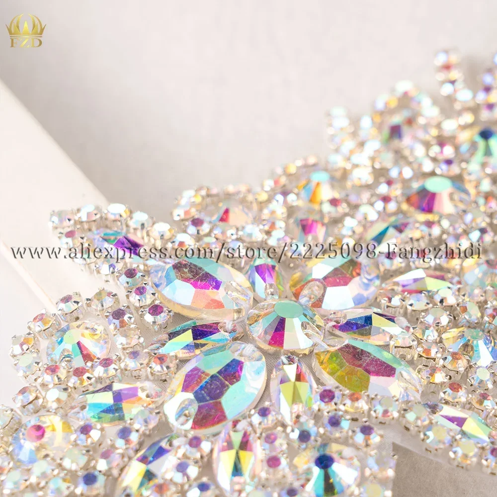 FZD 1 PC AB Sliver Crystal Rhinestone Applique Welding Flower Patch Sew on Wedding Dress Sleeves Accessories Rhinestone Applique