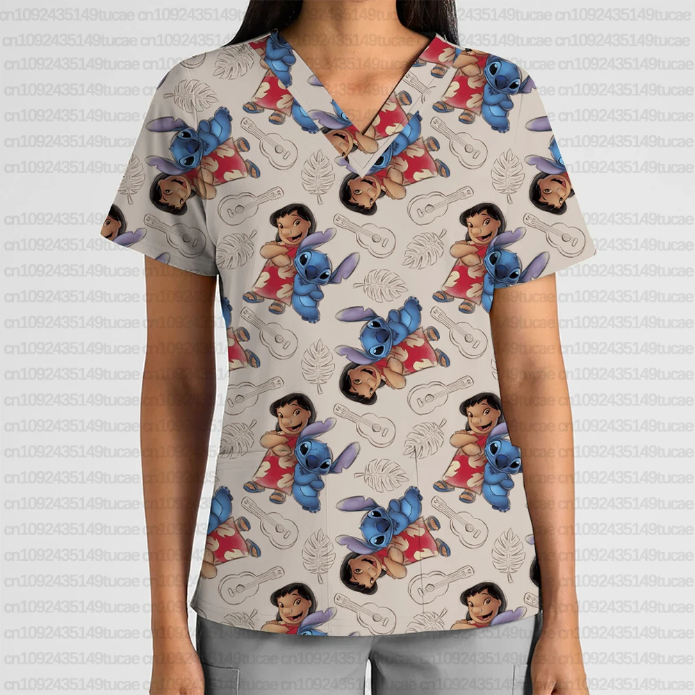 Uniforme de enfermeira de viajante feminino disney ponto dos desenhos animados uniforme de enfermeira impresso com decote em v bolso esfrega topo dental salão de beleza camiseta