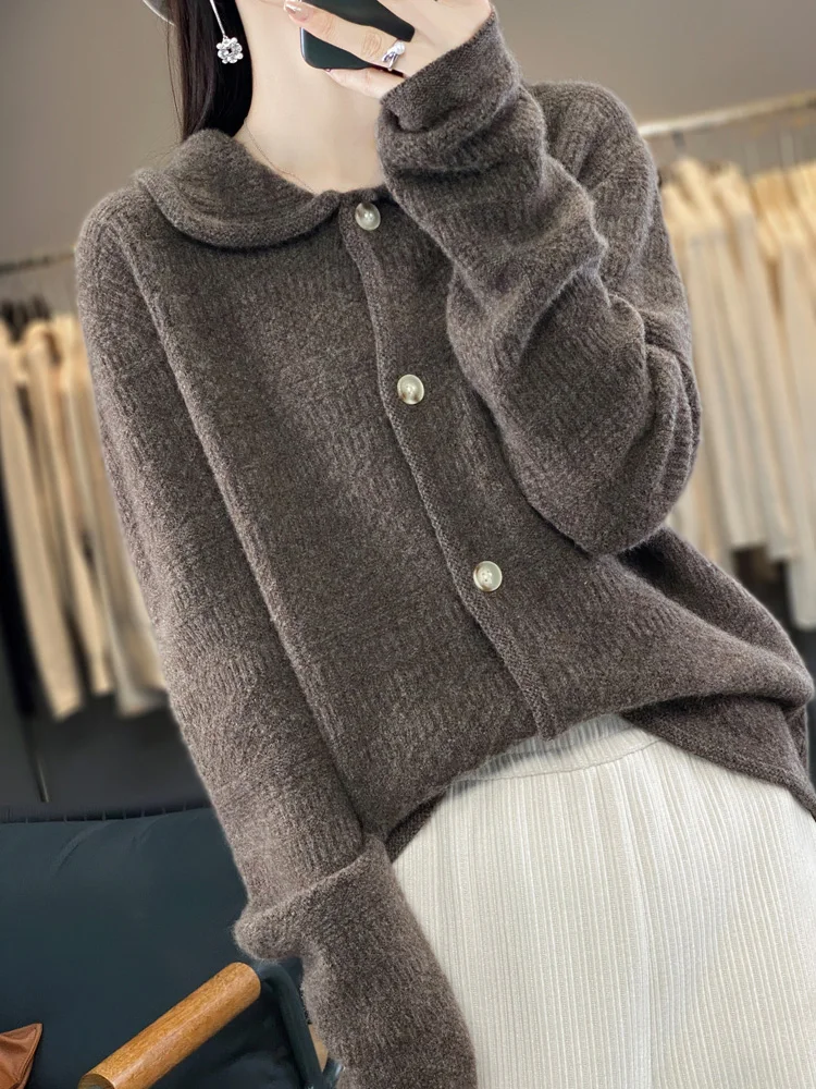 New Fashion Women's Cashmere Cardigan Turn-down Collar Sweater Autumn Winter 100% Merino Wool Knitwear Korean Popular Clothes