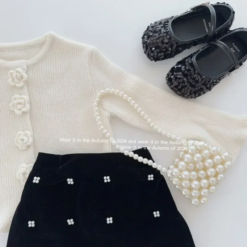 High Grade Kids Baby Girls Skirts Cute Pearl Flower Velvet Skirt Mini Toddler Kawaii Princess Skirt Black 90-150cm