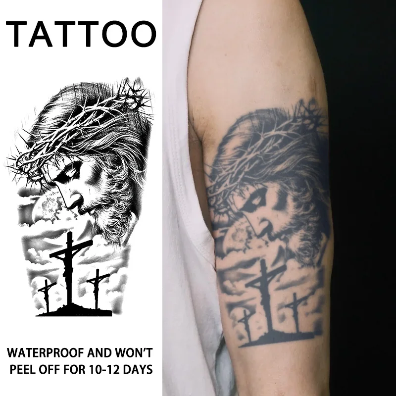 1Pc Jesus and the Cross Waterproof Temporary Tattoo Stickers, Long-lasting Waterproof for One to Two Weeks, For Arm, Leg