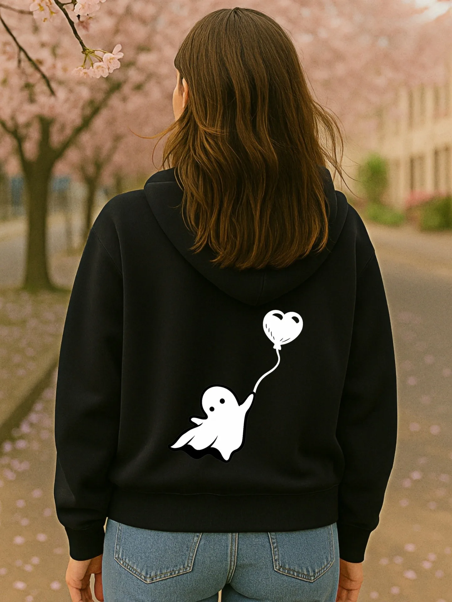 Graphic Hoodie Women, Cute Ghost & Heart Print, Casual Aesthetic, Soft Fabric, Casual Everyday Wear, For Teens