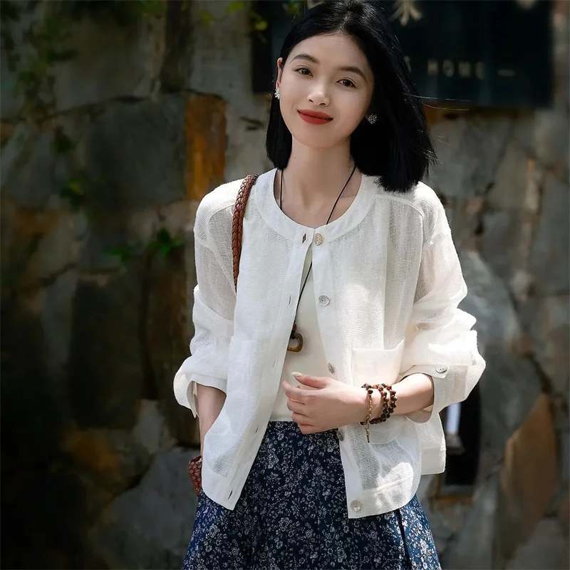 Spring and Summer Fashion Simple Sense of High-grade Solid Color Round Neck Sunscreen Women's Thin Breathable Cardigan Outside