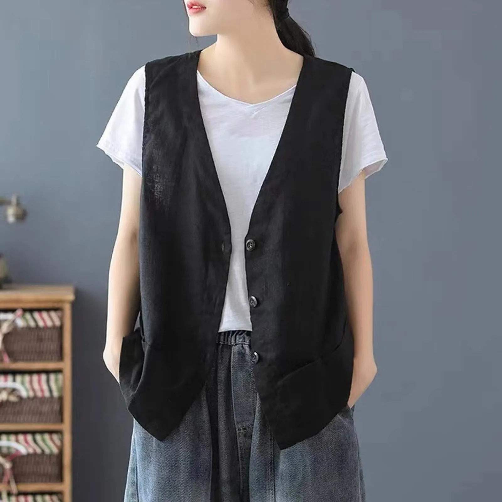 Women's Linen Vest Summer Casual Sleeveless Cardigans Jacket Loose Thin Casual Button Vest Top Female Streetwear Vest Coat