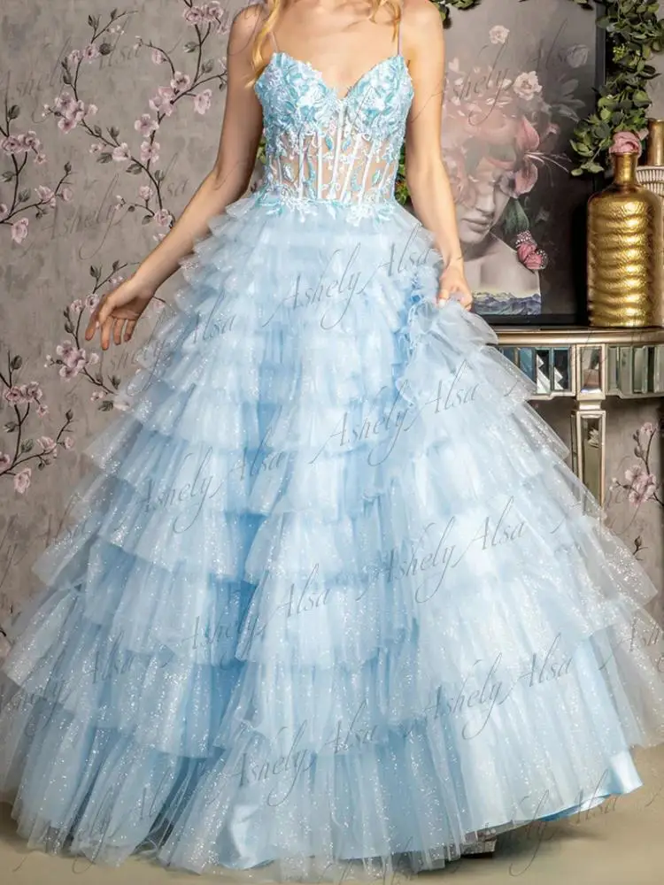 

Elegant Luxury Light Blue Prom Dresses Long V Neck Lace Applique Tiered Skirt Women Formal Evening Dress Sweet 15 Quinceanera