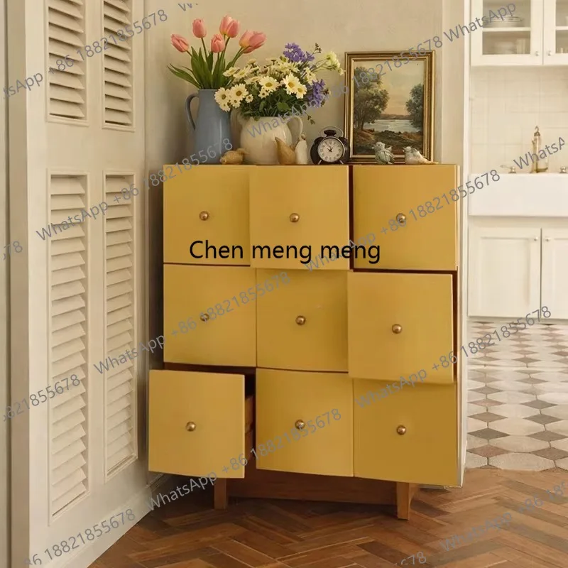 

Nine chest cabinet solid wood yellow retro, storage, storage cabinet