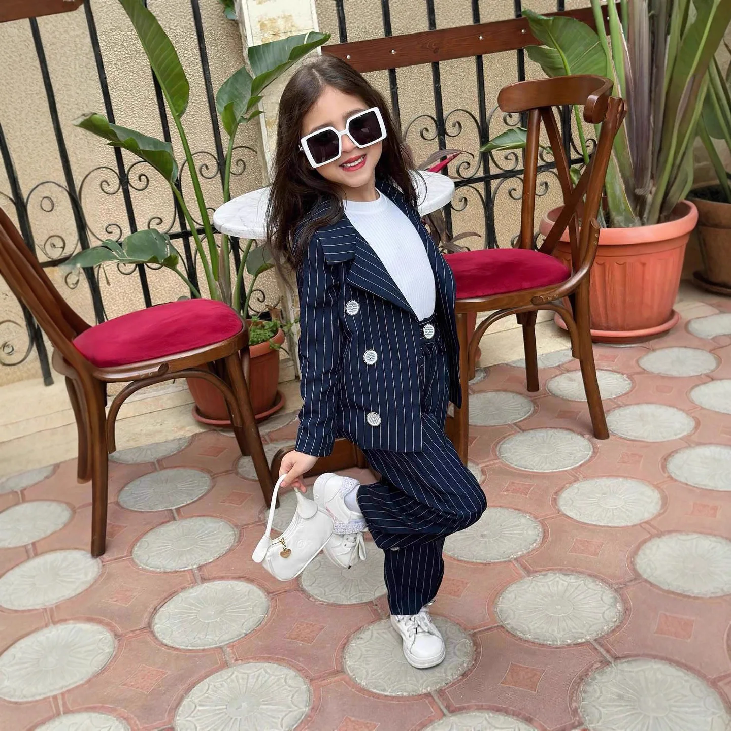 

1-8y Children's Girls Clothes Striped Long Sleeve Blazer Jackets+Button Pants with Pockets Outfits Autumn Kids Girl Clothing