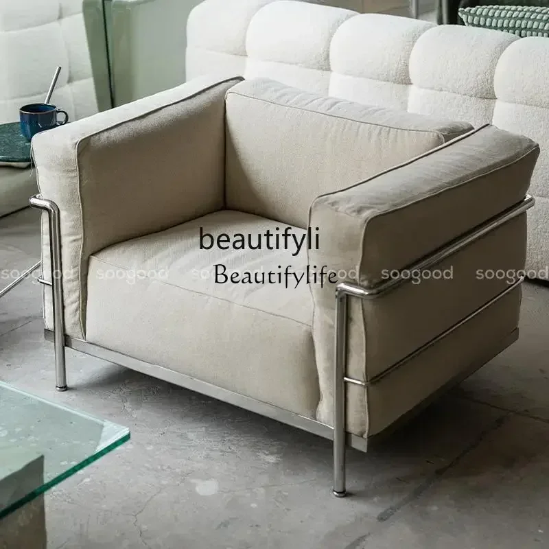 Living room retro French medium and ancient style single casual linen leather sofa designer