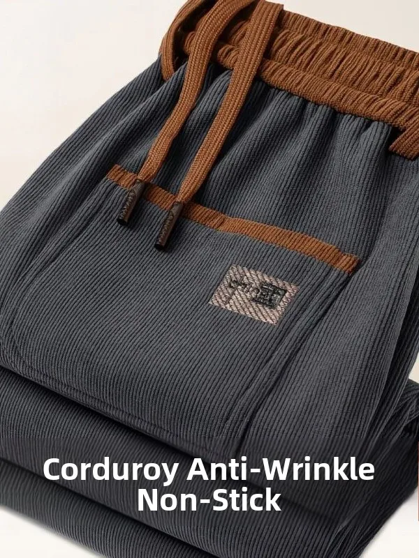 Men's Casual Corduroy Sports Pants Thickened Fleece Lined Straight Leg Anti-Wrinkle Comfortable Elastic Large Size Autumn Winter