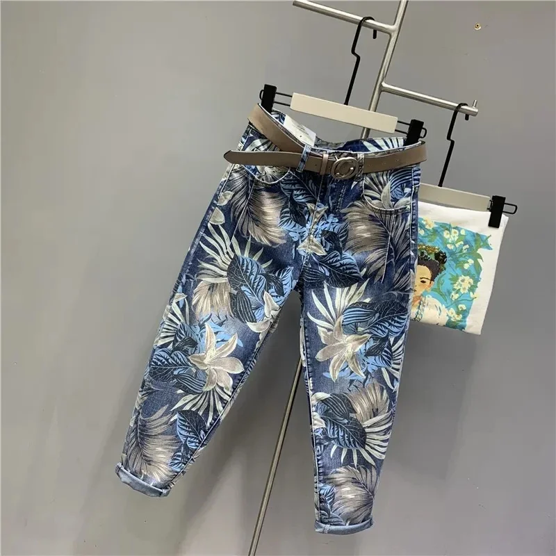 리비엘리 봄 여름 고품질 2025 신상 여성 데님 팬츠 하룬 팬츠 밴딩 허리 단풍잎 프린팅 루즈핏 청바지