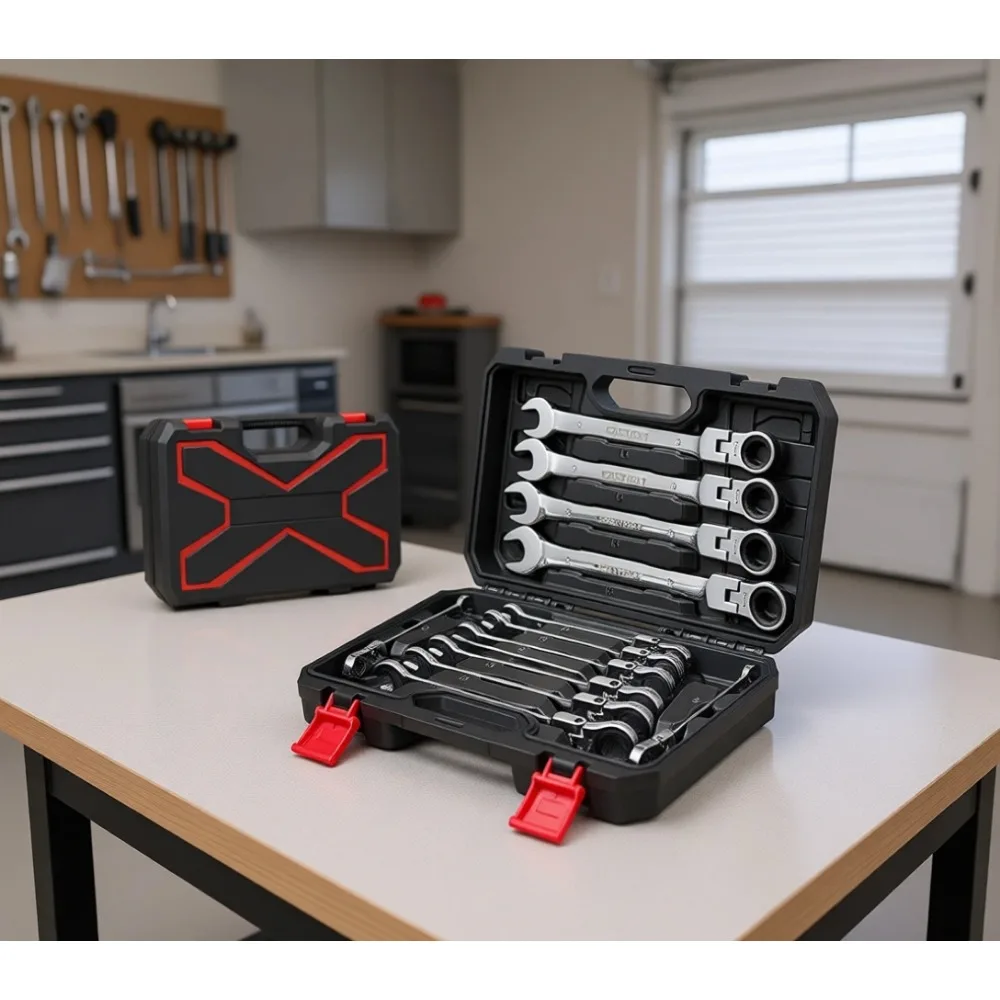 

12pc Flex Head Ratcheting Wrench Set Metric 8 19mm Combination Ended Spanner Chrome Vanadium Steel with Toolbox