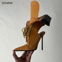 Cross Tied Leather Biker Boots Women Novelty Pointed Toe Multi Buckle Strap Shoes Female High Heels Mid Calf Boots 44