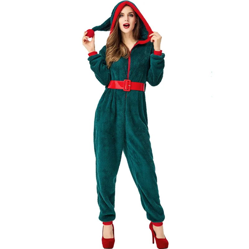 

Women's Christmas Green Christmas Elf Casual Flannel Long Sleeve Bodysuit Pajamas Role Play Costume Christmas New Year Costume