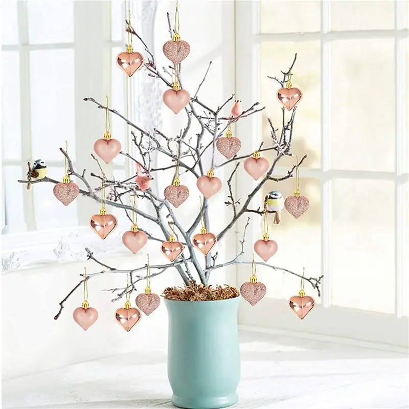 PZHI-144Pcs Rose Gold Valentine's Day Heart Shaped Ornaments Heart Shaped Baubles Ornaments For Home Tree Hanging Decorations