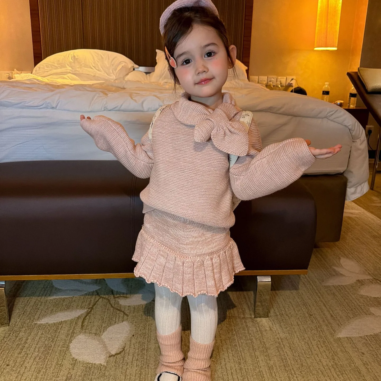 2026 Autumn New Children's Clothing Korean Girls Retro Peach Heart Tie Knitted Yarn Set Sweater Two Piece Set