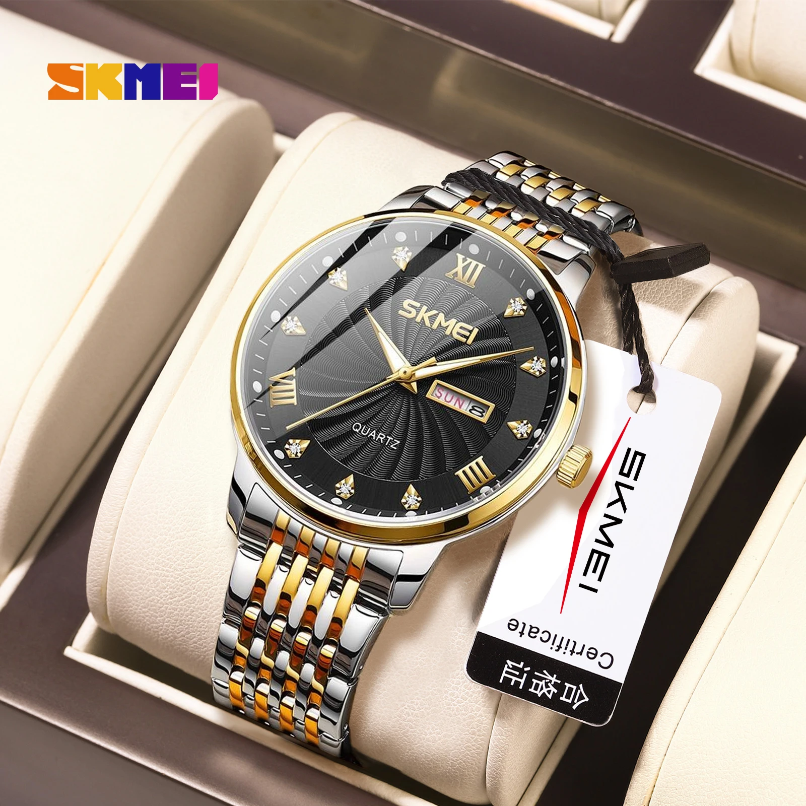 

SKMEI мужские роскошные наручные часы с датой, неделей и временем, модный дизайн, водонепроницаемые часы, деловые кварцевые часы для мужчин и женщин