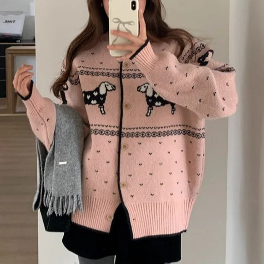 Women's Sweater Coats for Winter Cartoon Pattern Vintage Cardigan Good Quality Thick Warm Soft Cozy Knitting Tops Female
