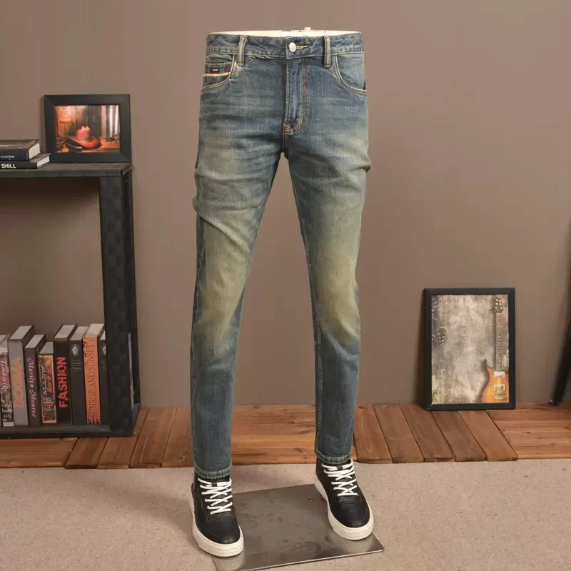 Fashion Vintage Men Jeans High Quality Retro Blue Elastic Slim Fit Ripped Jeans Men Trousers Pocket Designer Denim Pants Hombre