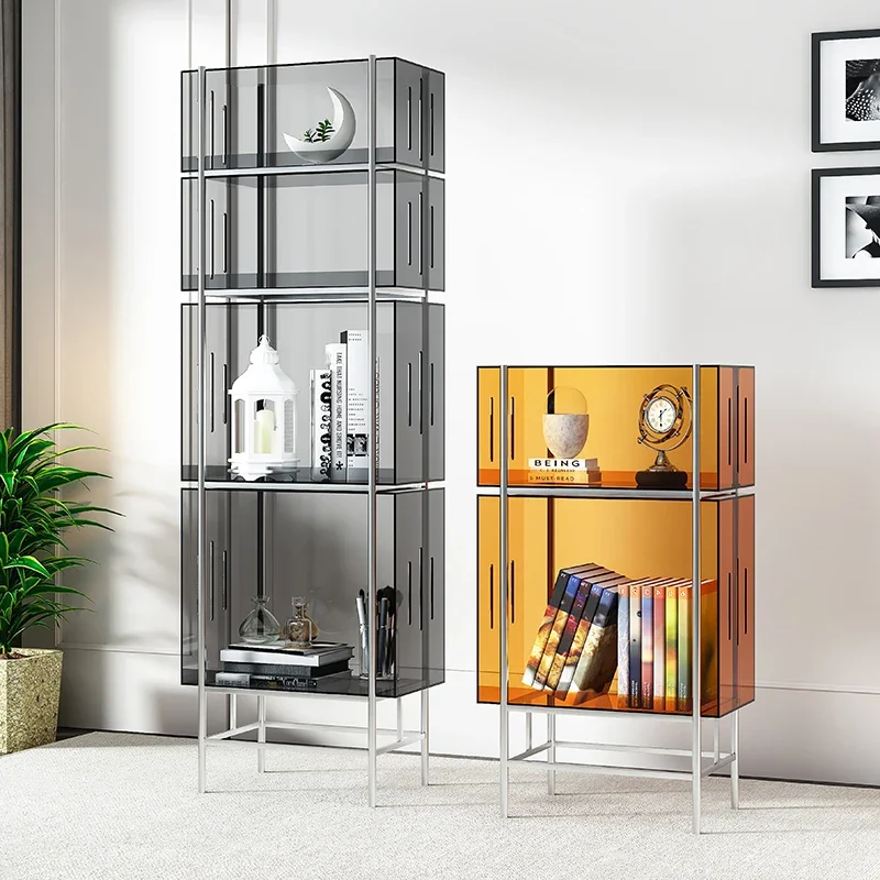 Floor Storage Living Room Display Cabinet Stainless Steel Multi-layer Small Bookcase Display Shelf Acrylic Bookshelf