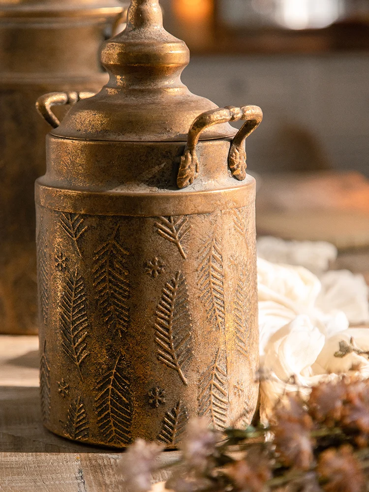 Vintage Feather Pattern Iron Storage Jar | Antique Gold Decorative Vessel | Handcrafted Lid Container | Boho Home Decor